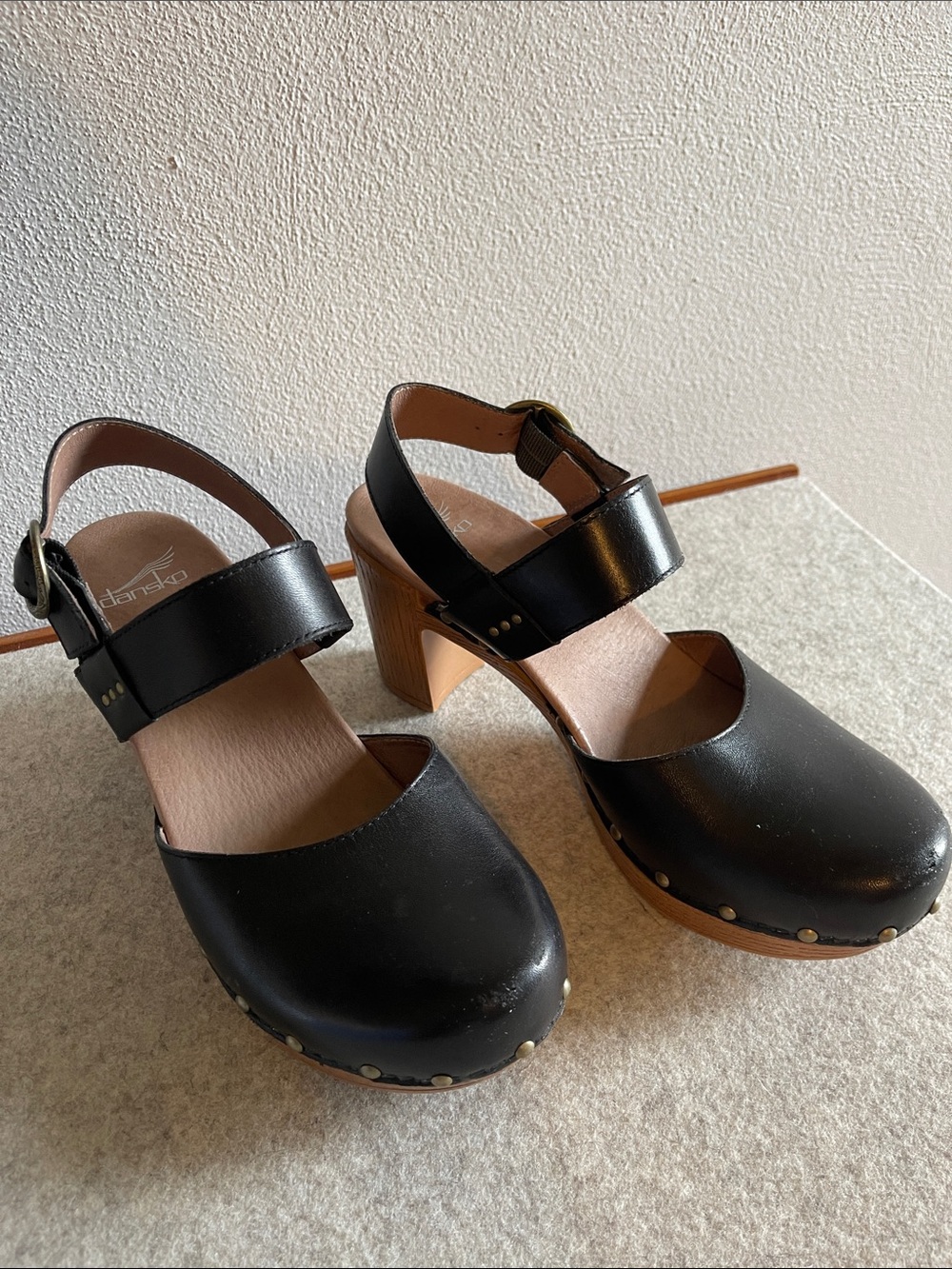 Dansko Black Leather Clog Sandals with Wood Block Heel